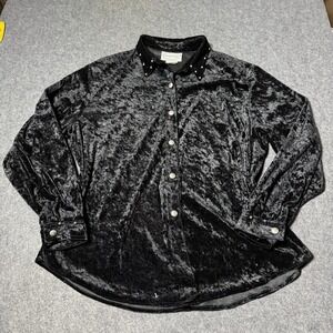 VTG 90s Stonebridge XL Black Crushed Velvet Button Down Shirt Goth Whimsy Grunge